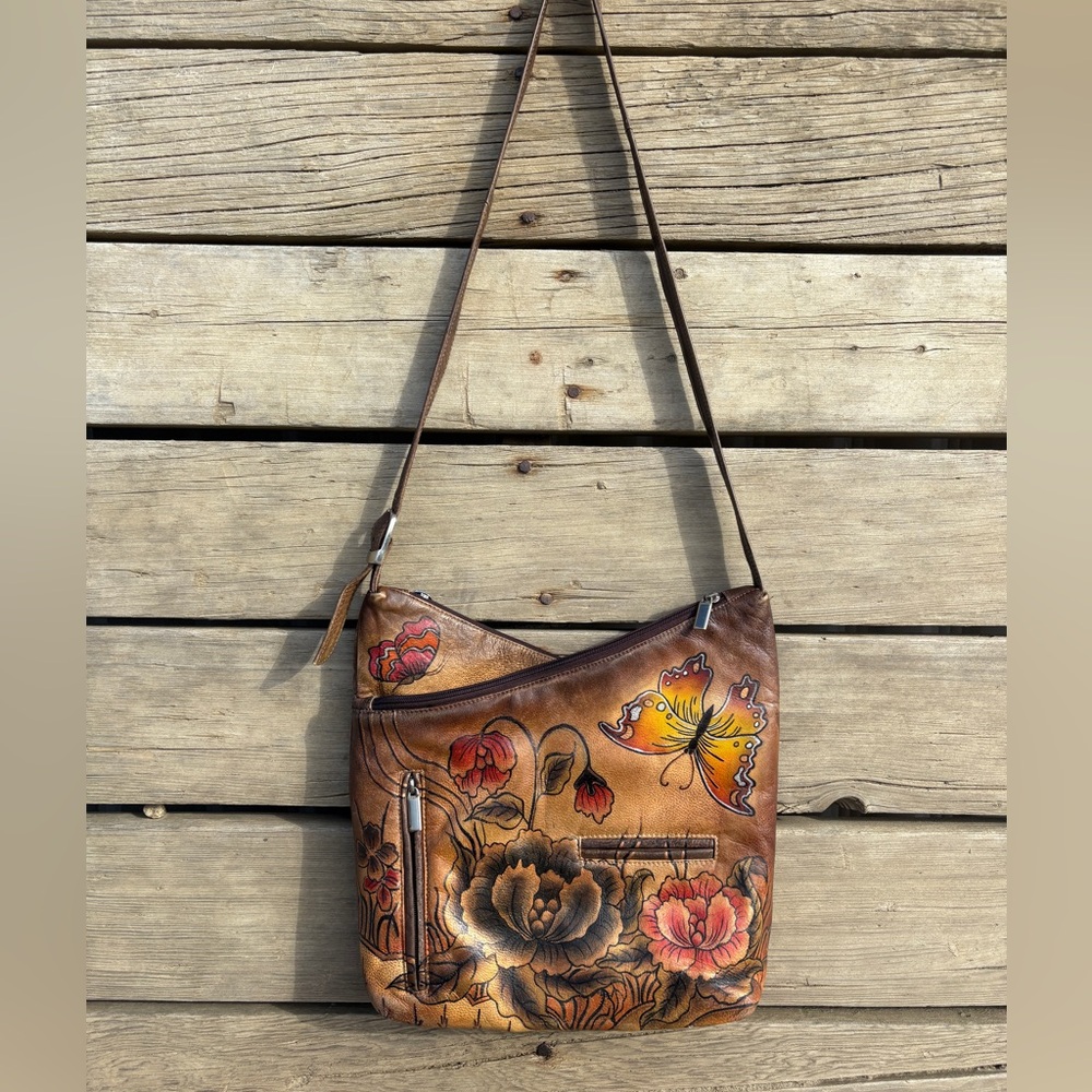 Hand-Painted Floral & Butterfly Leather Shoulder Bag - Brown